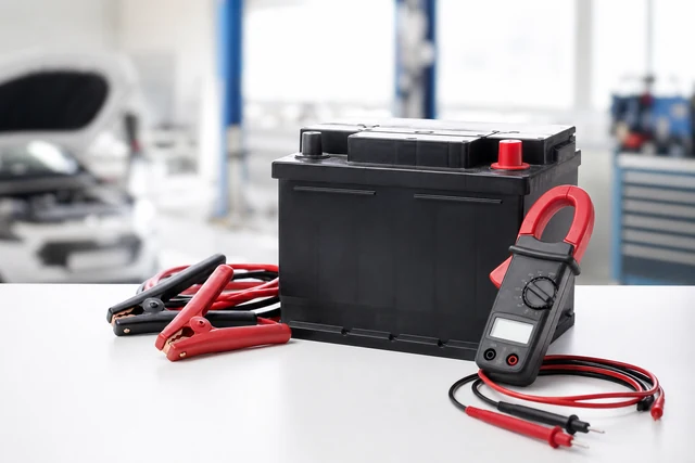 Prüfschema zum Bordnetz und Multimeter auf hellem Werktisch