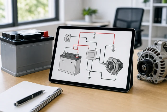 Tablet mit Lernnotizen zu Ladung und Generator